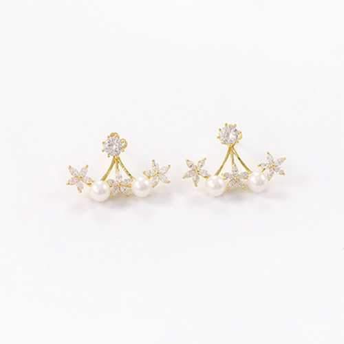 925 Silver Needle Pearl Flower Cubic Zircon Crystal Ear Stud Earrings