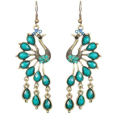 Vintage Peacock Crystal Rhinestone Tassel Earrings Jewelry