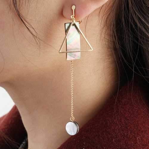 Trendy Natural Shell Crystal Asymmetric Geometry Earrings No Ear Pierced for Women