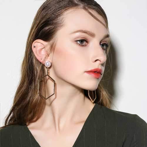 Polygonal Geometry Hollow Artificial Pearl Women Earrings
