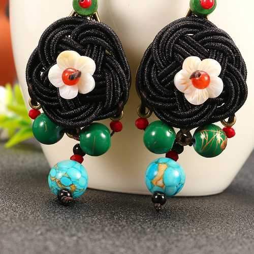 Ethnic Vintage Earrings Retro Agate Ear Drop Tassel Flower Ball Earrings for Women