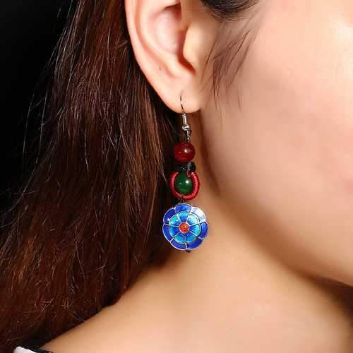 Ethnic Retro Flower Pendant Ear Drop Tassel Agate Vintage Earrings for Women