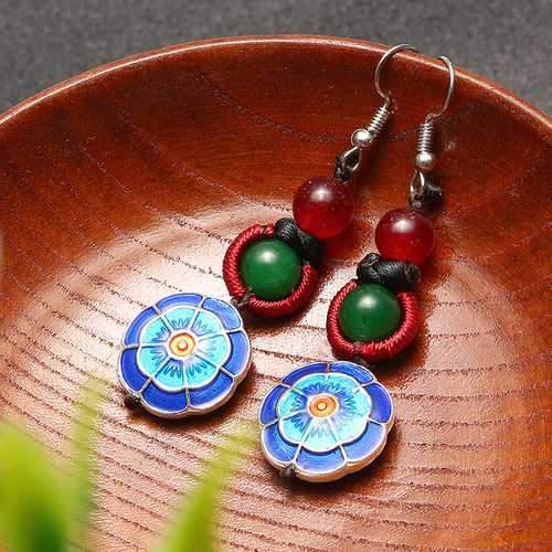 Ethnic Retro Flower Pendant Ear Drop Tassel Agate Vintage Earrings for Women