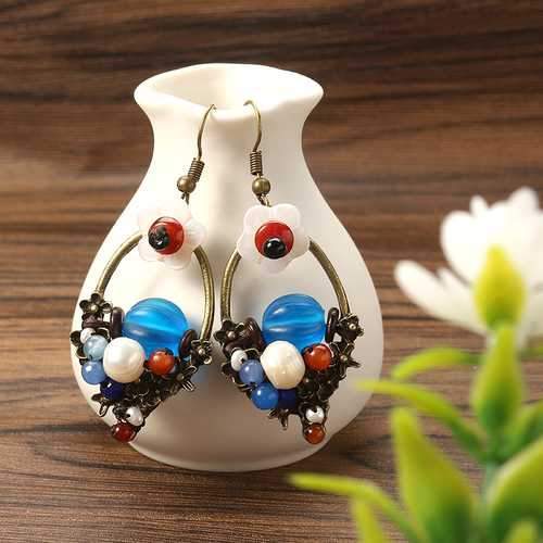 Ethnic Bead Earrings Tassel Flower Agate Ear Drop Jewelry for Women