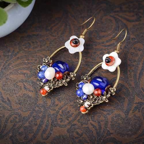 Ethnic Bead Earrings Tassel Flower Agate Ear Drop Jewelry for Women