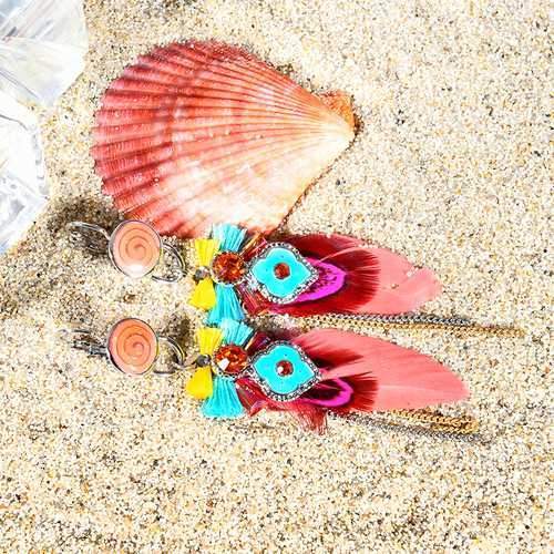 Bohemian Retro 14K Gold Plated Earrings Luxury Platinum Tassel Pendant Feather Ear Drop for Women