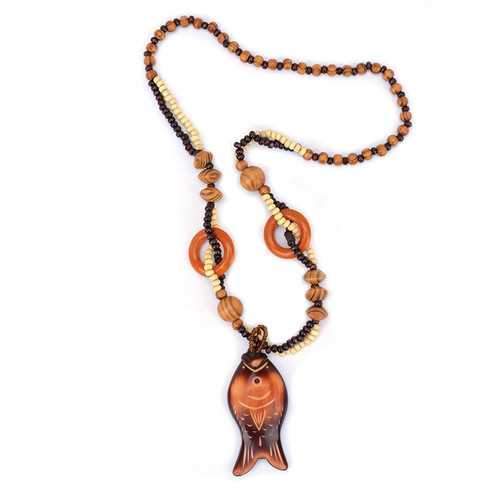 Vintage Wood Bead Fish Elephant Charm Necklace for Women