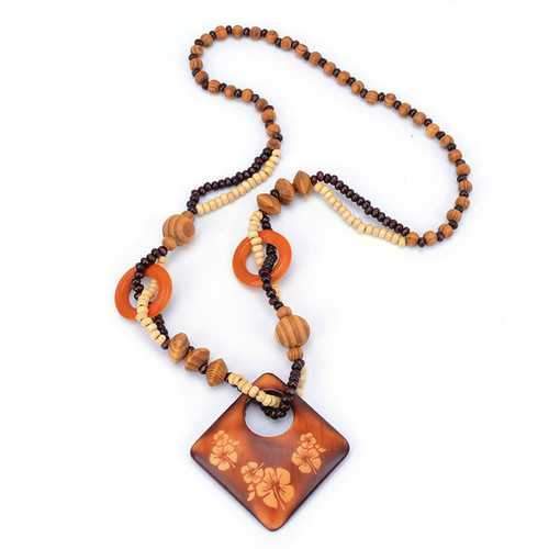 Vintage Wood Bead Fish Elephant Charm Necklace for Women