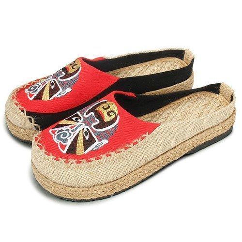 Theatrical Mask Flax National Wind Open Heel Slip On Flat Loafers