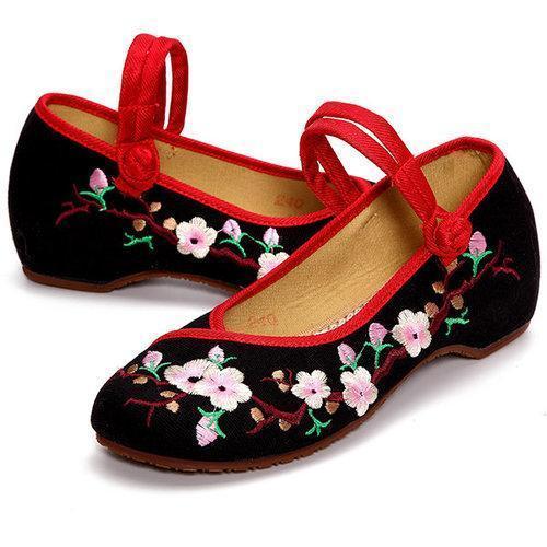 Embroidered Floral Print Canvas Slip On Retro Lazy Shoes
